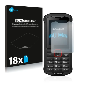 Parte frontal de un envase de producto con el logotipo de la marca Savvies. Al lado se muestra el dispositivo Crosscall Spider