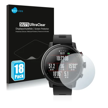 Parte frontal de un envase de producto con el logotipo de la marca Savvies. Al lado se muestra el dispositivo Huami Amazfit St