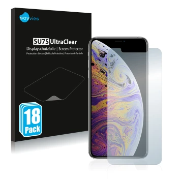 Parte frontal de un envase de producto con el logotipo de la marca Savvies. Al lado se muestra el dispositivo Apple iPhone Xs 