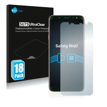 Parte frontal de un envase de producto con el logotipo de la marca Savvies. Al lado se muestra el dispositivo Samsung Galaxy J