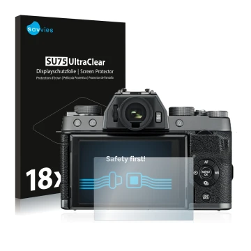Parte frontal de un envase de producto con el logotipo de la marca Savvies. Al lado se muestra el dispositivo Fujifilm X-T100 