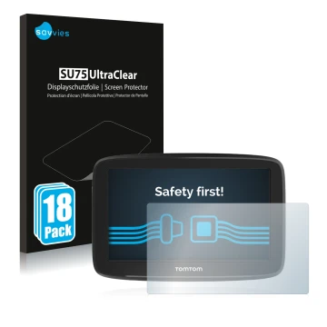 Parte frontal de un envase de producto con el logotipo de la marca Savvies. Al lado se muestra el dispositivo TomTom GO Basic 