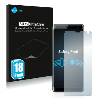 Parte frontal de un envase de producto con el logotipo de la marca Savvies. Al lado se muestra el dispositivo Sony Xperia XZ3 