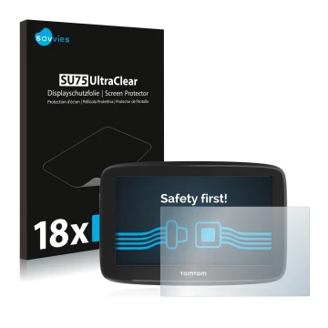 Parte frontal de un envase de producto con el logotipo de la marca Savvies. Al lado se muestra el dispositivo TomTom GO Basic 