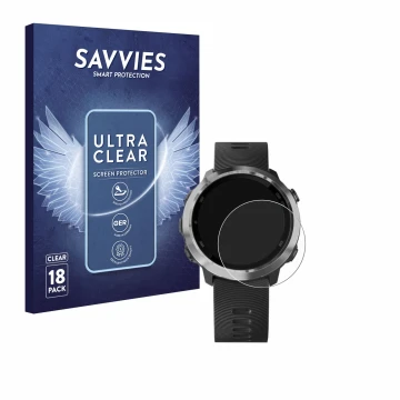 Parte frontal de un envase de producto con el logotipo de la marca Savvies. Al lado se muestra el dispositivo Garmin Forerunne