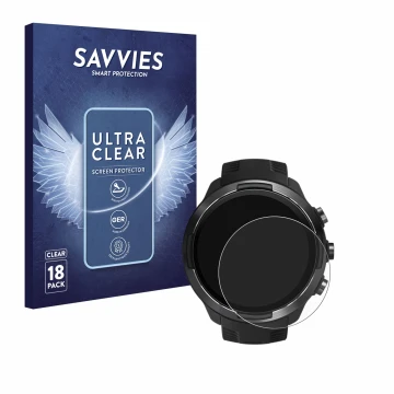 Parte frontal de un envase de producto con el logotipo de la marca Savvies. Al lado se muestra el dispositivo Suunto 9 con su 