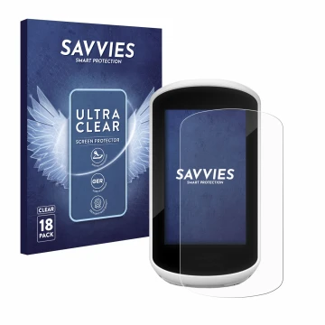 Parte frontal de un envase de producto con el logotipo de la marca Savvies. Al lado se muestra el dispositivo Garmin Edge Expl