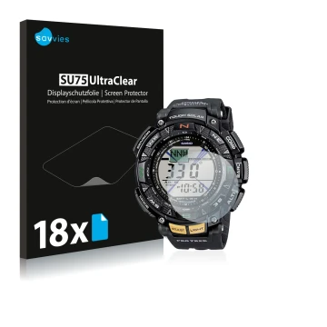 Parte frontal de un envase de producto con el logotipo de la marca Savvies. Al lado se muestra el dispositivo Casio Pro Trek P