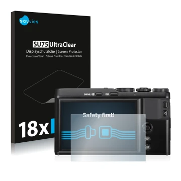 Parte frontal de un envase de producto con el logotipo de la marca Savvies. Al lado se muestra el dispositivo Fujifilm XF10 co