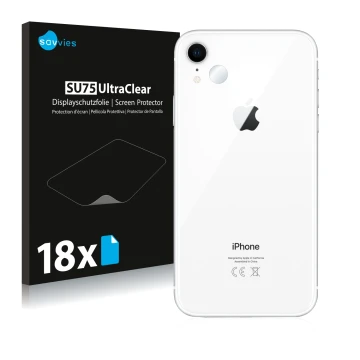 Parte frontal de un envase de producto con el logotipo de la marca Savvies. Al lado se muestra el dispositivo Apple iPhone XR 
