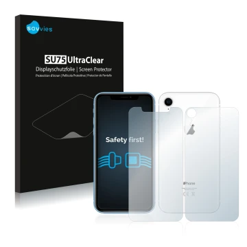 Parte frontal de un envase de producto con el logotipo de la marca Savvies. Al lado se muestra el dispositivo Apple iPhone XR 