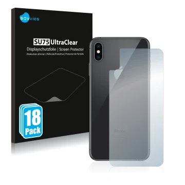 Parte frontal de un envase de producto con el logotipo de la marca Savvies. Al lado se muestra el dispositivo Apple iPhone Xs 