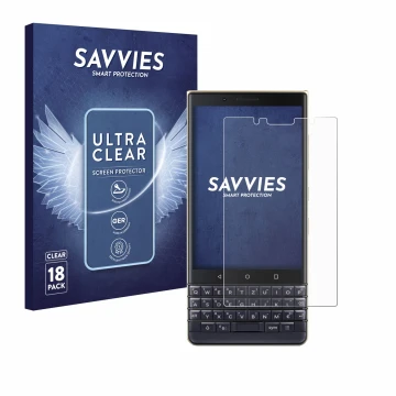 Parte frontal de un envase de producto con el logotipo de la marca Savvies. Al lado se muestra el dispositivo BlackBerry Key2 