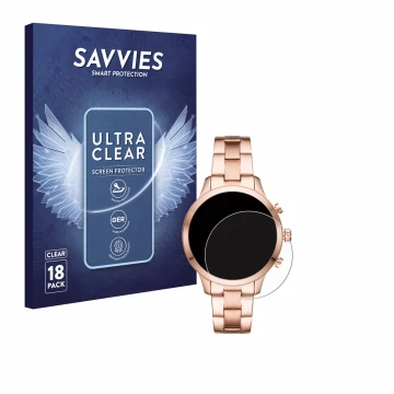 Parte frontal de un envase de producto con el logotipo de la marca Savvies. Al lado se muestra el dispositivo Michael Kors Acc