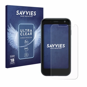 Parte frontal de un envase de producto con el logotipo de la marca Savvies. Al lado se muestra el dispositivo Palm Mini Smartp