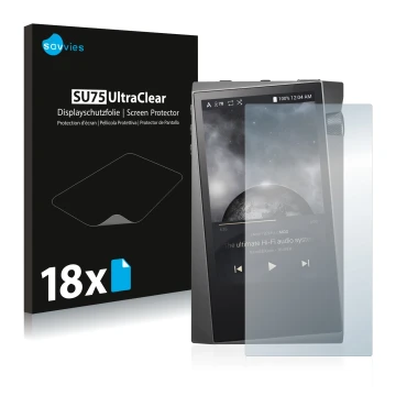 Parte frontal de un envase de producto con el logotipo de la marca Savvies. Al lado se muestra el dispositivo Astell&Kern A&no