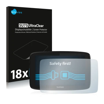 Parte frontal de un envase de producto con el logotipo de la marca Savvies. Al lado se muestra el dispositivo TomTom GO Essent