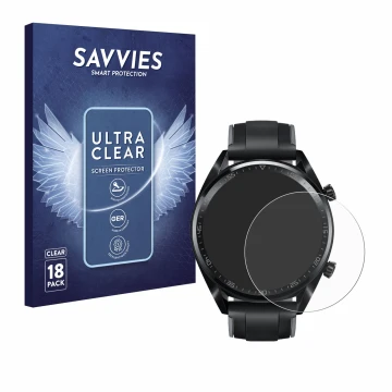 Parte frontal de un envase de producto con el logotipo de la marca Savvies. Al lado se muestra el dispositivo Huawei Watch GT 