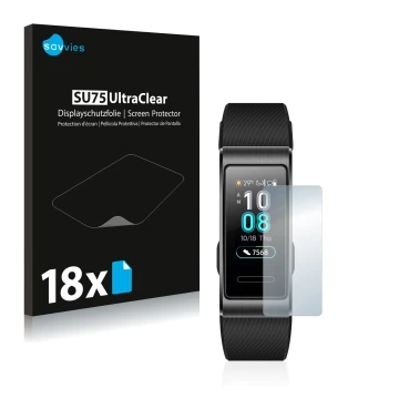 Parte frontal de un envase de producto con el logotipo de la marca Savvies. Al lado se muestra el dispositivo Huawei Band 3 Pr