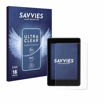 Parte frontal de un envase de producto con el logotipo de la marca Savvies. Al lado se muestra el dispositivo Amazon Kindle Pa