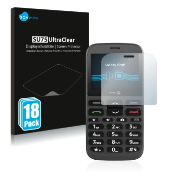 Parte frontal de un envase de producto con el logotipo de la marca Savvies. Al lado se muestra el dispositivo Doro 1370 con su