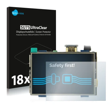 Parte frontal de un envase de producto con el logotipo de la marca Savvies. Al lado se muestra el dispositivo Raspberry Pi Tou