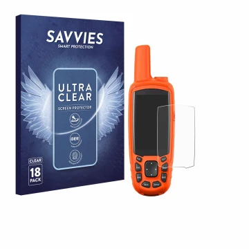 Parte frontal de un envase de producto con el logotipo de la marca Savvies. Al lado se muestra el dispositivo Garmin Astro 430