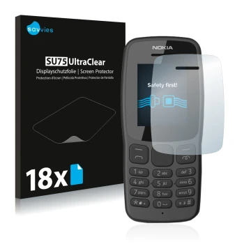 Parte frontal de un envase de producto con el logotipo de la marca Savvies. Al lado se muestra el dispositivo Nokia 106 2018 c