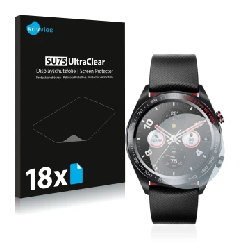 Parte frontal de un envase de producto con el logotipo de la marca Savvies. Al lado se muestra el dispositivo Honor Watch Magi