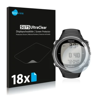 Parte frontal de un envase de producto con el logotipo de la marca Savvies. Al lado se muestra el dispositivo Suunto D4F con s