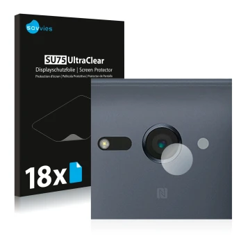 Parte frontal de un envase de producto con el logotipo de la marca Savvies. Al lado se muestra el dispositivo Sony Xperia XZ2 