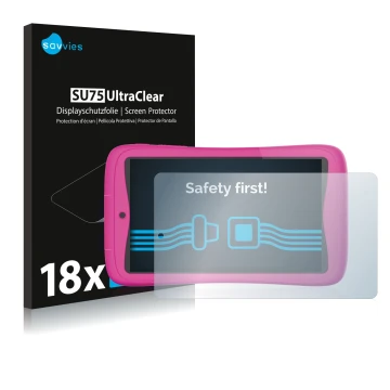 Parte frontal de un envase de producto con el logotipo de la marca Savvies. Al lado se muestra el dispositivo Kurio Connect 7