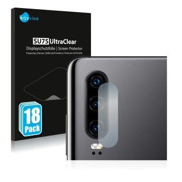 Parte frontal de un envase de producto con el logotipo de la marca Savvies. Al lado se muestra el dispositivo Huawei P30 (SÓLO