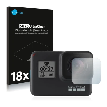 Parte frontal de un envase de producto con el logotipo de la marca Savvies. Al lado se muestra el dispositivo GoPro Hero 7 Bla