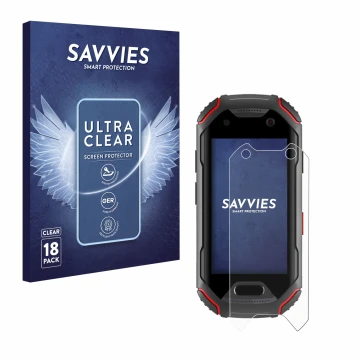Parte frontal de un envase de producto con el logotipo de la marca Savvies. Al lado se muestra el dispositivo Unihertz Atom co