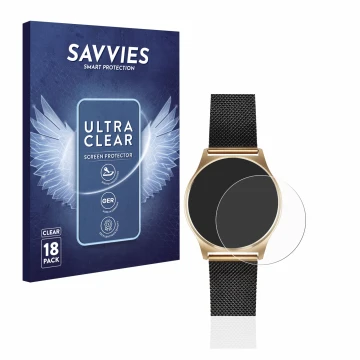 Parte frontal de un envase de producto con el logotipo de la marca Savvies. Al lado se muestra el dispositivo Xlyne X-Watch Jo