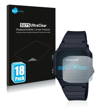 Parte frontal de un envase de producto con el logotipo de la marca Savvies. Al lado se muestra el dispositivo Casio Unisex A16