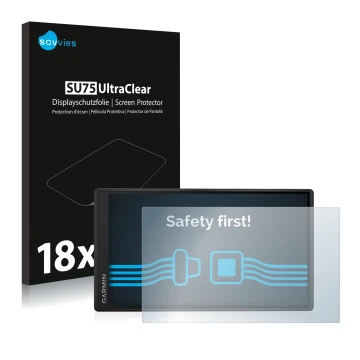 Parte frontal de un envase de producto con el logotipo de la marca Savvies. Al lado se muestra el dispositivo Garmin DriveSmar