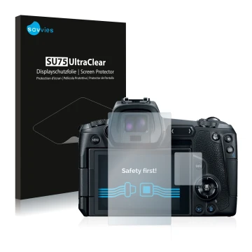 Parte frontal de un envase de producto con el logotipo de la marca Savvies. Al lado se muestra el dispositivo Canon EOS R con 