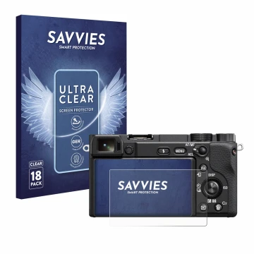 Parte frontal de un envase de producto con el logotipo de la marca Savvies. Al lado se muestra el dispositivo Sony Alpha 6400 