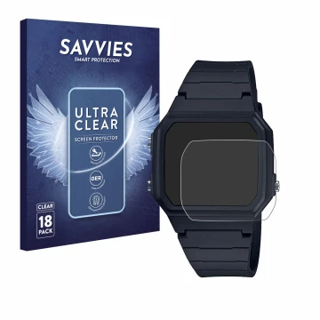 Parte frontal de un envase de producto con el logotipo de la marca Savvies. Al lado se muestra el dispositivo Casio Unisex F-9