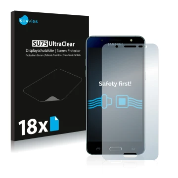 Parte frontal de un envase de producto con el logotipo de la marca Savvies. Al lado se muestra el dispositivo Samsung Galaxy J