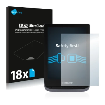 Parte frontal de un envase de producto con el logotipo de la marca Savvies. Al lado se muestra el dispositivo PocketBook Touch