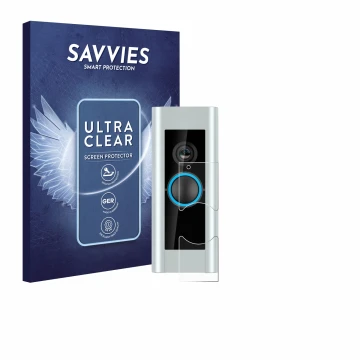 Parte frontal de un envase de producto con el logotipo de la marca Savvies. Al lado se muestra el dispositivo Ring Video Doorb