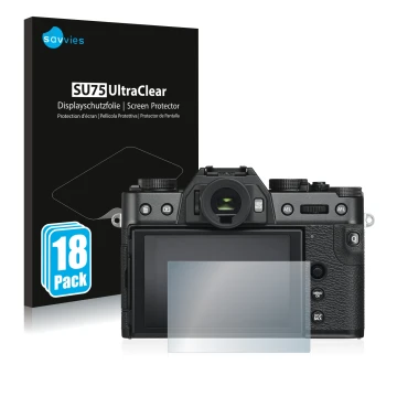 Parte frontal de un envase de producto con el logotipo de la marca Savvies. Al lado se muestra el dispositivo Fujifilm X-T30 c