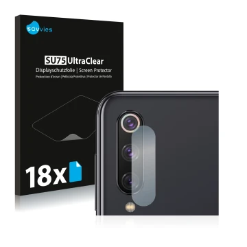 Parte frontal de un envase de producto con el logotipo de la marca Savvies. Al lado se muestra el dispositivo Xiaomi Mi 9 SE (