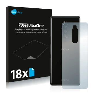 Parte frontal de un envase de producto con el logotipo de la marca Savvies. Al lado se muestra el dispositivo Sony Xperia 1 (T