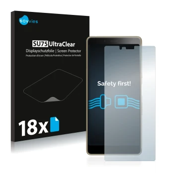 Parte frontal de un envase de producto con el logotipo de la marca Savvies. Al lado se muestra el dispositivo Sony Xperia L3 c