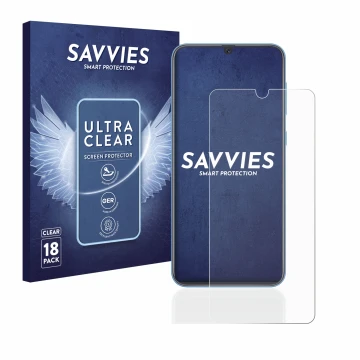 Parte frontal de un envase de producto con el logotipo de la marca Savvies. Al lado se muestra el dispositivo Samsung Galaxy A