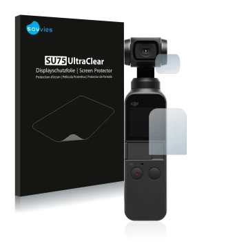 Parte frontal de un envase de producto con el logotipo de la marca Savvies. Al lado se muestra el dispositivo DJI Osmo Pocket 